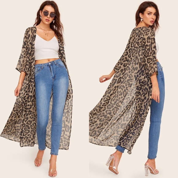Sweaters - Leopard print sheer kimono 3/4 sleeve